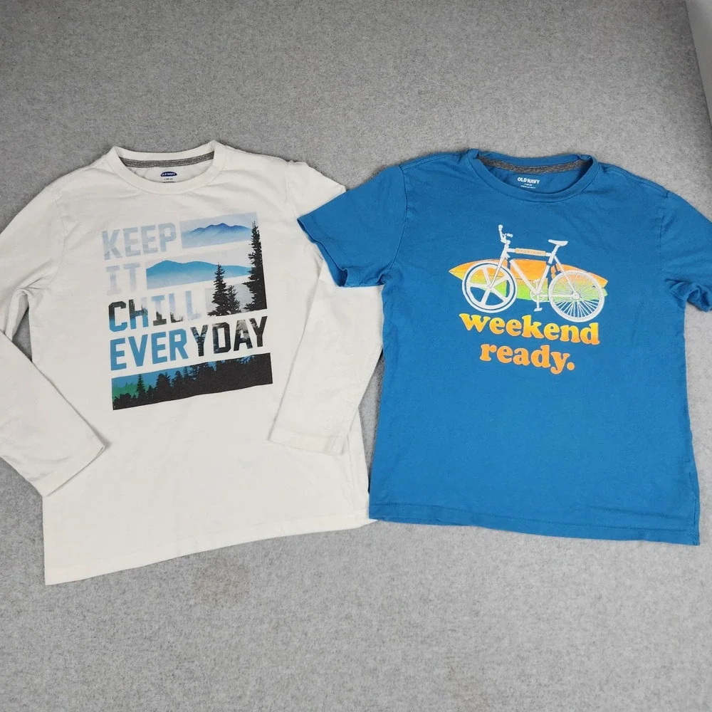 Old Navy Graphic T-Shirt Kids L 10-12 White Blue Mountain Bicycle Tee Lot of 2